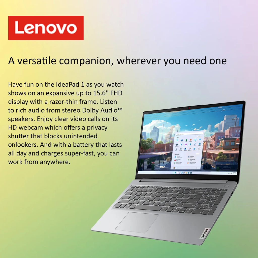 Ideapad 1 Laptop, 15.6" FHD, Intel Processor, 8GB RAM, 128GB SSD + 128GB Emmc, Windows 11 Home, Grey