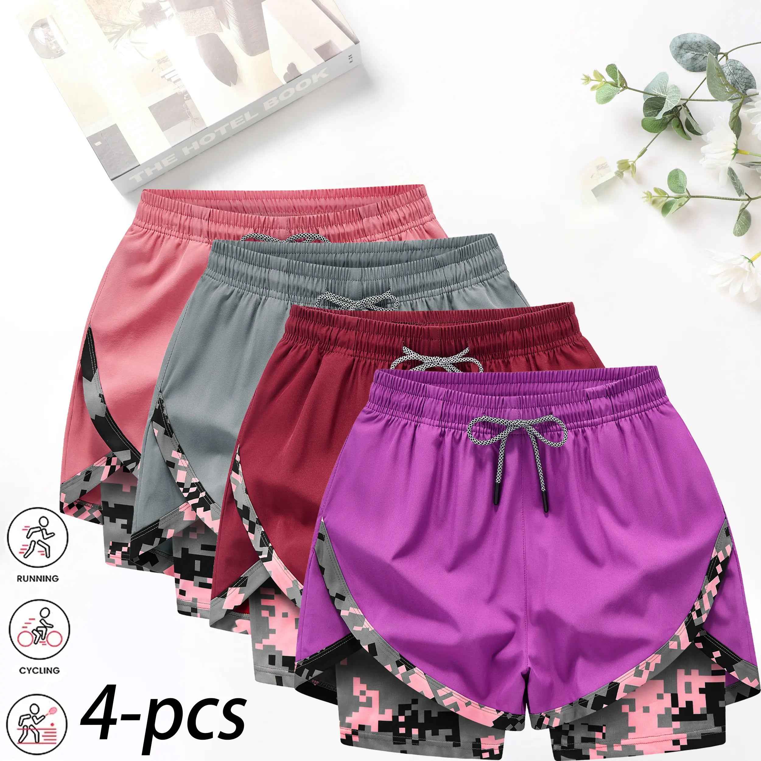 4-Pack Women’S 2-In-1 Camouflage Lined Running Shorts — Quick-Drying, Anti-Chafing Sports Shorts with No Ride-Up Issues, Suitable for the Gym, Yoga, and Outdoor Workouts