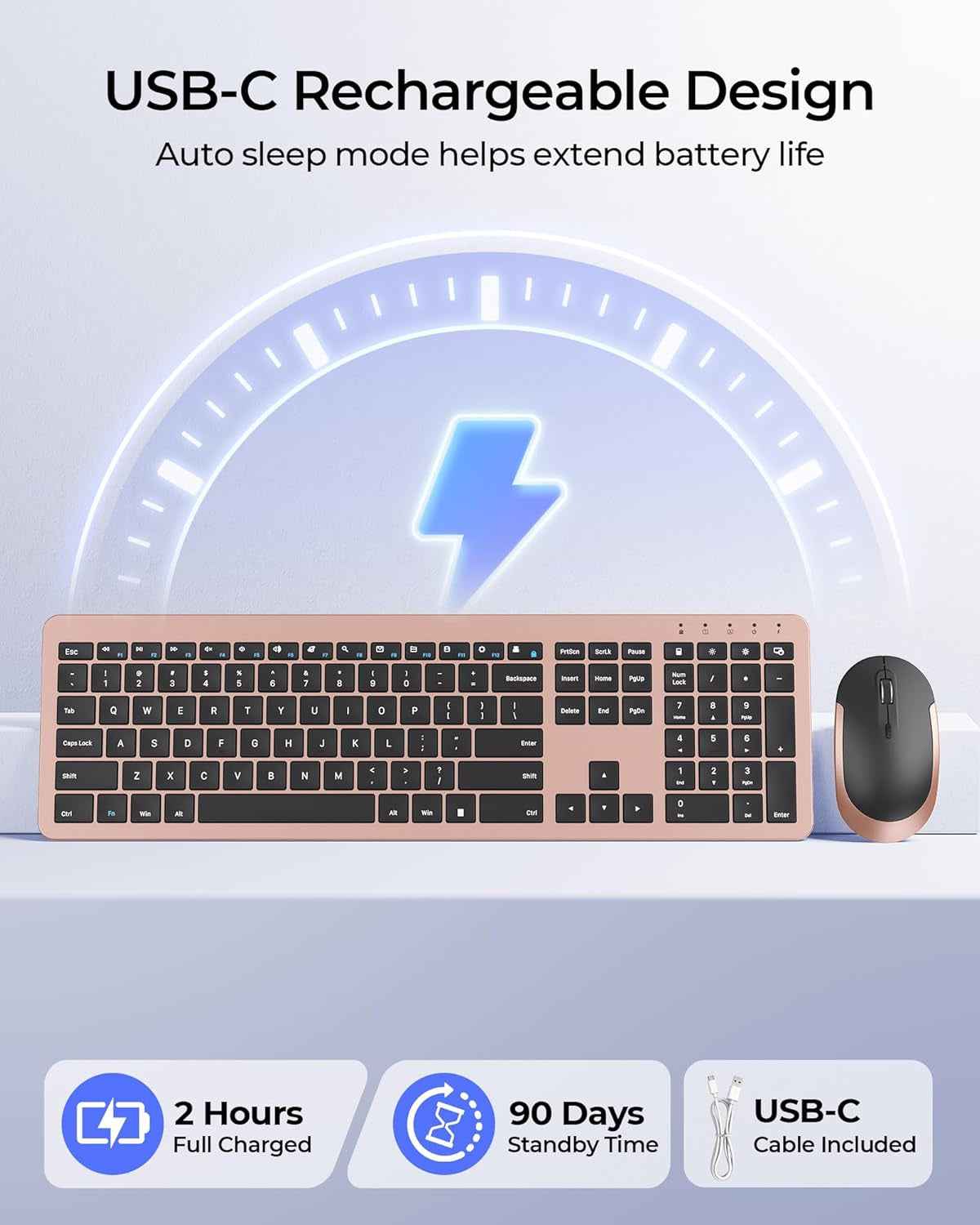 Wireless Keyboard and Mouse Combo, Rechargeable Quiet Keyboard Mouse, Sleek and Ultra Thin Design, Full-Size with Number Pad for Windows, Laptop, PC, Notebook, Desktop- Rose Gold & Black