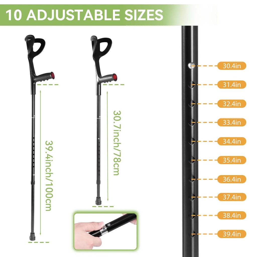 Forearm Crutches for Adults (1 Pair), Lightweight Elbow Crutches with 10 Adjustable Heights 30.4"-39.4", No Underarm Pain Medical Crutches with Anti-Slip Foot Pads & Safety Warning Lights, Portable for Post Surgery Injury Seniors Indoor Outdoor