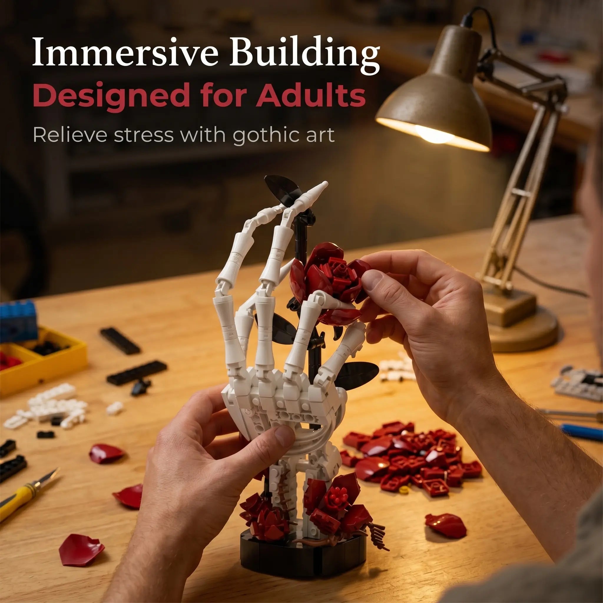 Gothic Skull Hand Rose Building Set – Dark Romantic Skeleton Hand Holding Rose, Viral Aesthetic Desk Decor, Horror-Inspired Room Display, Unique Gift Idea for Adults & Teens, Creative Model Kit