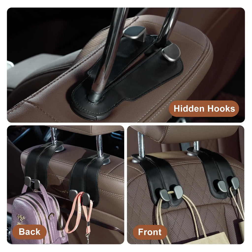 Car Seat Headrest Hooks - 2 Pack Universal Car Purse Hook, Leather Car Bag Purse Holder with Double Metal Hooks for Handbags, Grocery Bags, Bottles, Phones