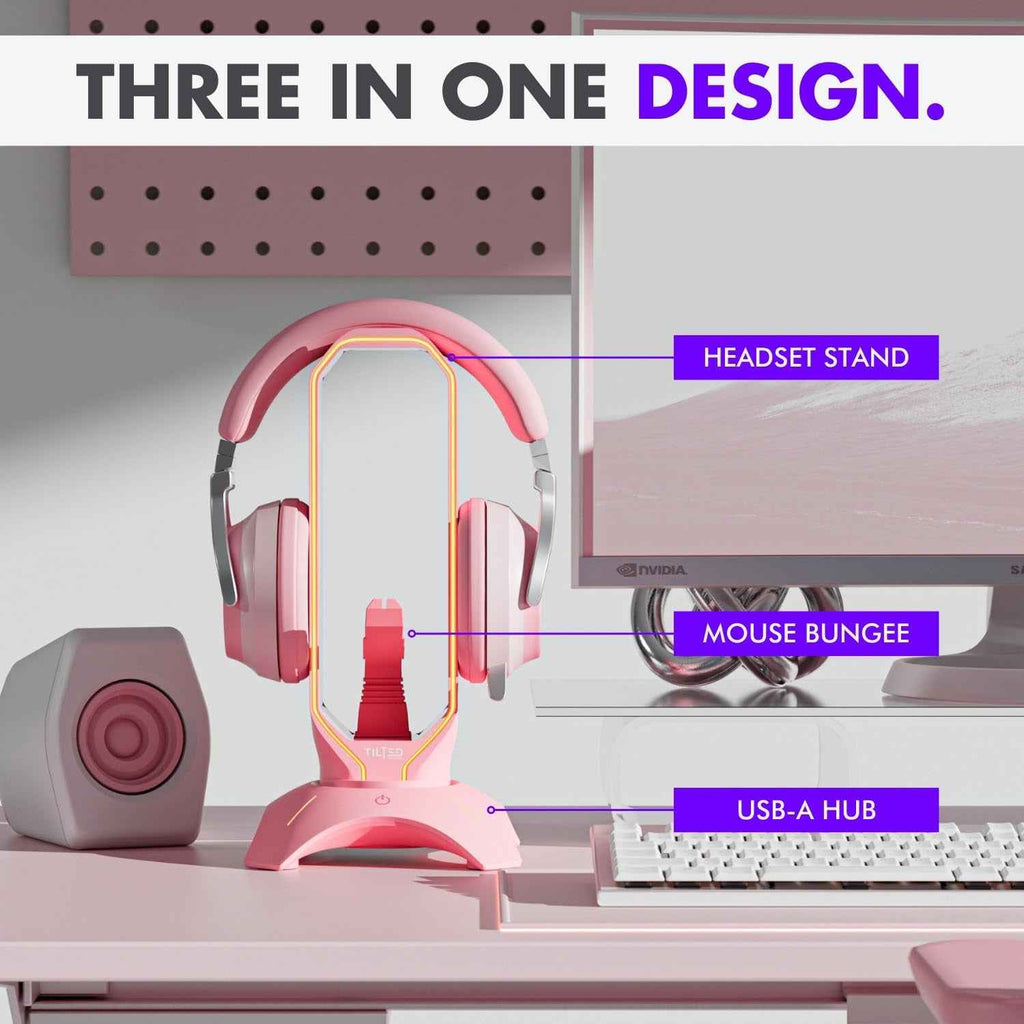 Cute Headphone Stand Pink | Headset Stand with RGB, Mouse Bungee Holder, and 2 Port USB Hub Charger - Desk Gaming Accessories