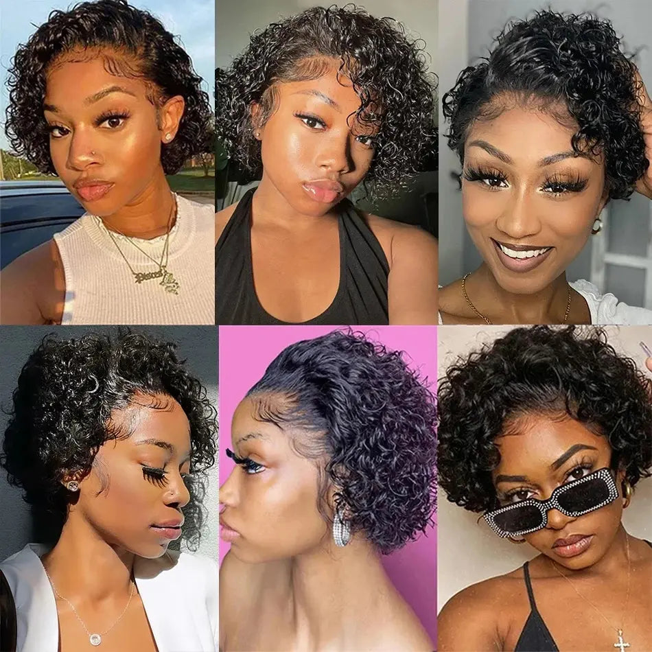 [Bling Hair] Pixie Cut Wig Human Hair 13X1 Lace Frontal Wigs Short Bob Human Hair Wig for Women Spring Curl Natural Black Color Curly Bob Wig True Scalp Wig