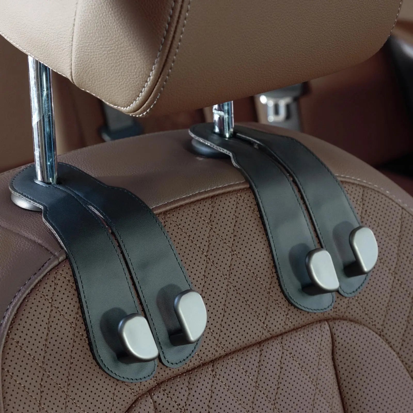 Car Seat Headrest Hooks - 2 Pack Universal Car Purse Hook, Leather Car Bag Purse Holder with Double Metal Hooks for Handbags, Grocery Bags, Bottles, Phones