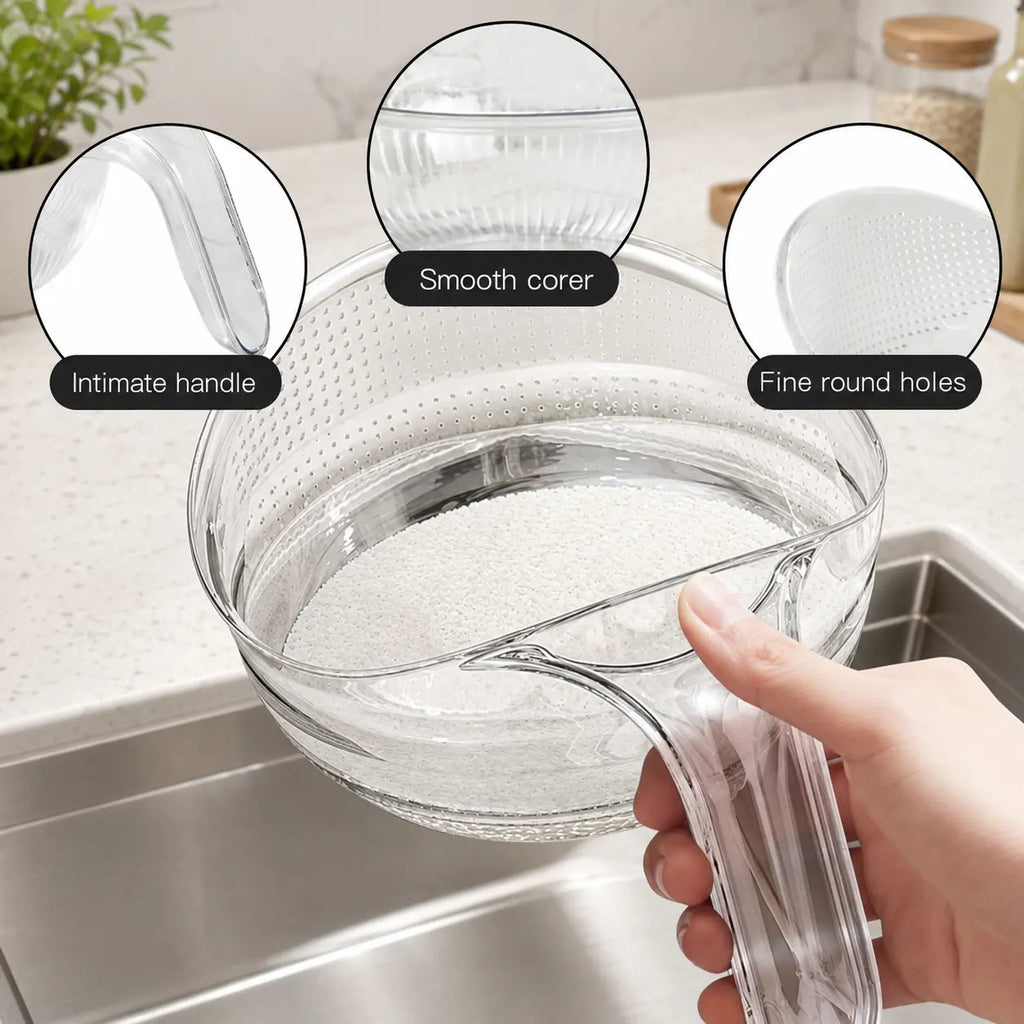Aesthetic Multifunctional Rice Strainer with Handle - Sturdy Bpa-Free Transparent Plastic Kitchen Utensils, Colander for Draining Vegetables, Fruits, Cheese, Coffee Dispenser Set