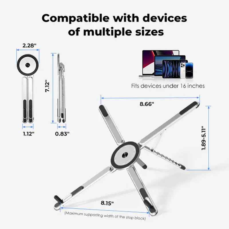 Viozon Portable Laptop Stand for Desk, Foldable Adjustable Computer Riser with Magnetic Phone Holder, Aluminum Laptop Stand for 10–16” Laptops & 4–13” Phones/Tablets (Silver)