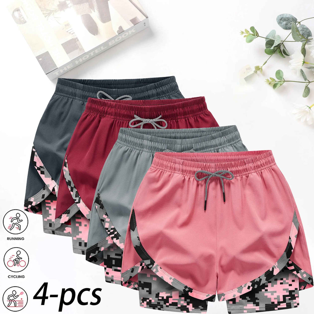 4-Pack Women’S 2-In-1 Camouflage Lined Running Shorts — Quick-Drying, Anti-Chafing Sports Shorts with No Ride-Up Issues, Suitable for the Gym, Yoga, and Outdoor Workouts