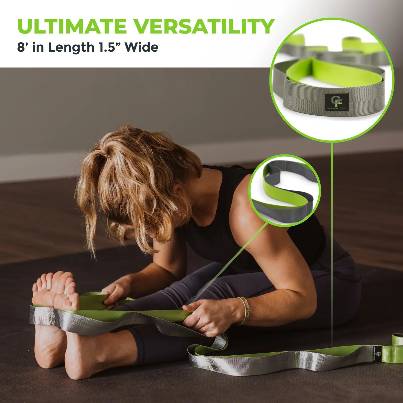 Gradient Fitness Stretching Strap Wide Grip 1.5 Inch X 8 Feet - 12 Multi Loop Non Elastic Nylon Stretch Band with Neoprene Handles, Storage Bag and 12 Exercise Poster - 4 Color Options