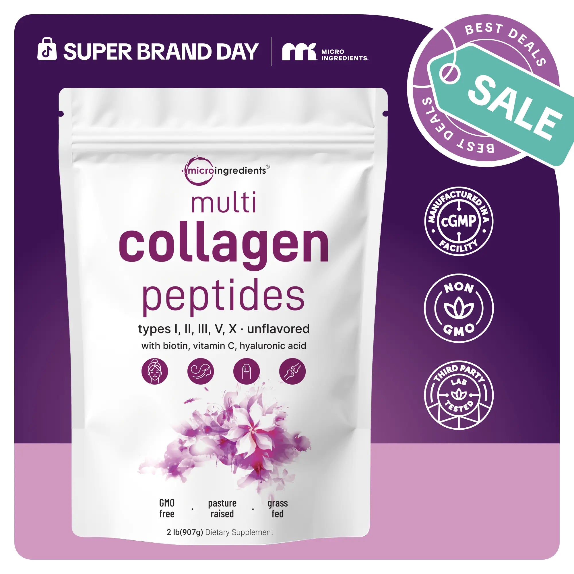 Micro Ingredients Multi Collagen Peptides Powder - Hydrolyzed Protein Peptides (Type I,II,III,V,X) with Hyaluronic Acid, Biotin & Vitamin C Unflavored