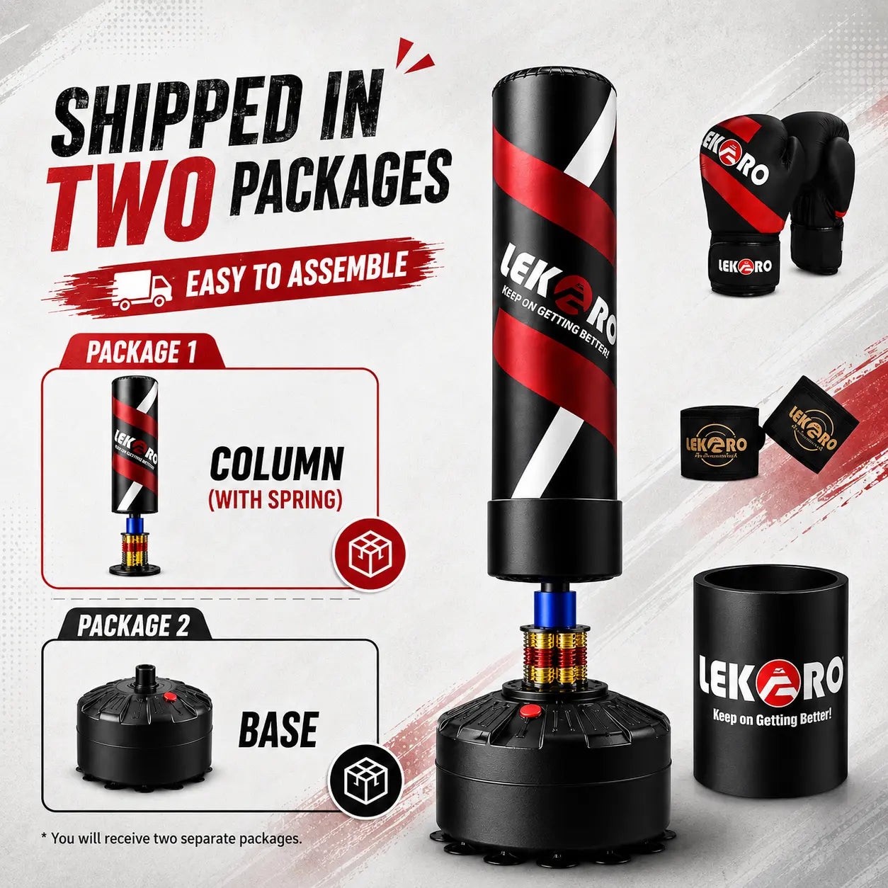 LEKÄRO Punching Bag with Stand, Freestanding Heavy Boxing Bag with Gloves, Stable Base, Fast Rebound for Home Gym Training | Ships in 2 Packages