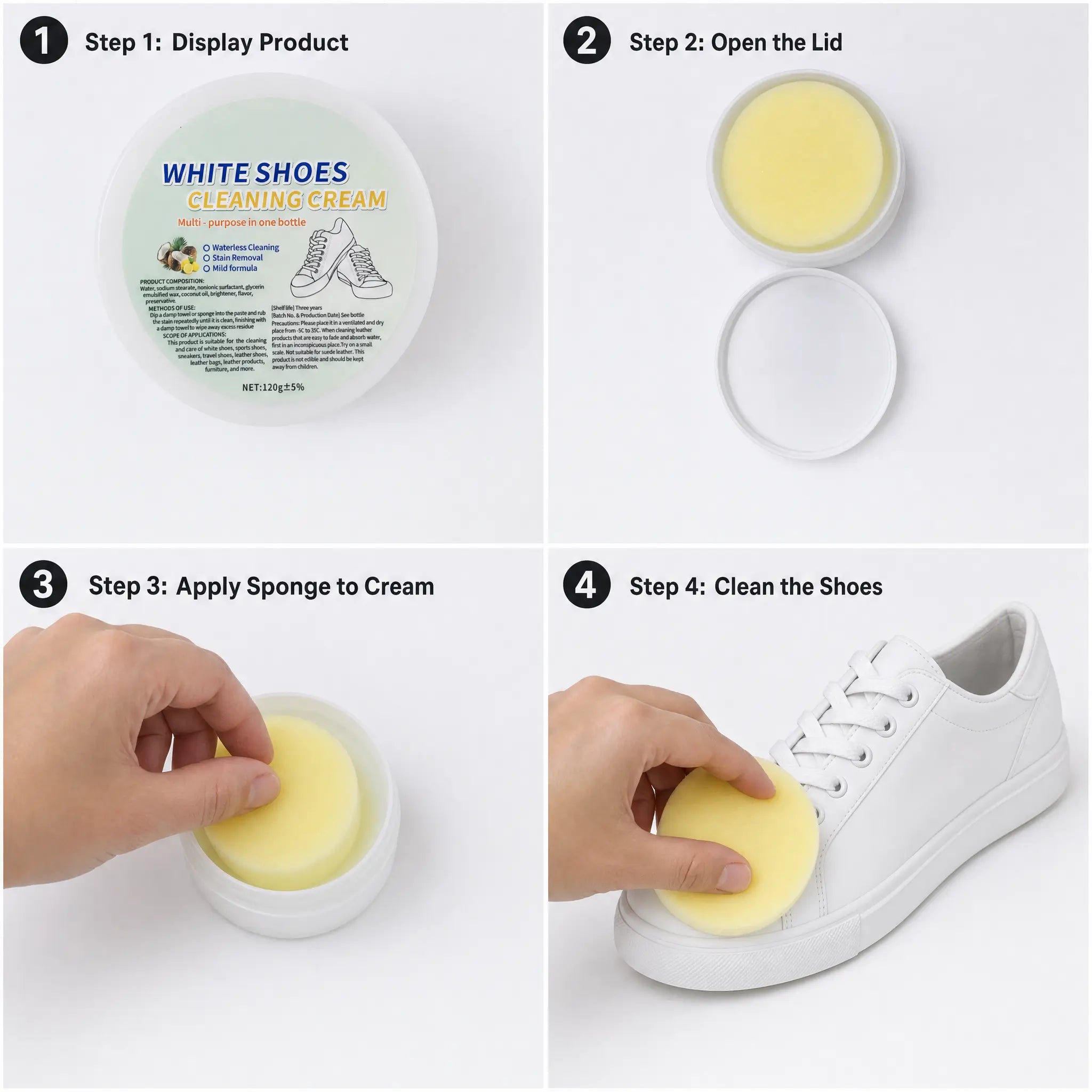White Shoe Cleaning Cream with Sponge Applicator - Multi-Purpose Leather Upholstery & Footwear Cleaner for Sneakers, Canvas Shoes Casual